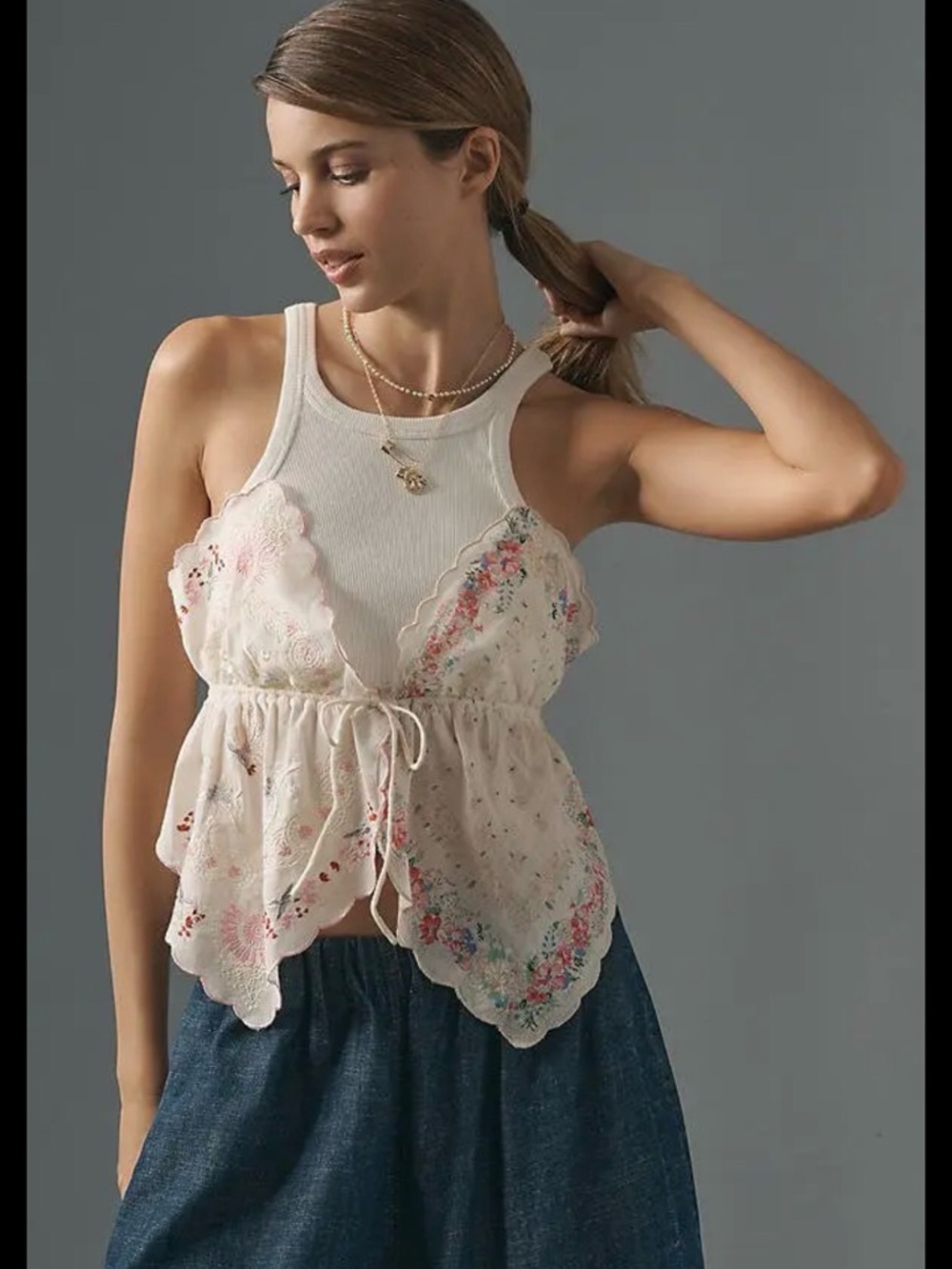 Anthropologie Cream Floral Eyelet Tie-Front Camisole